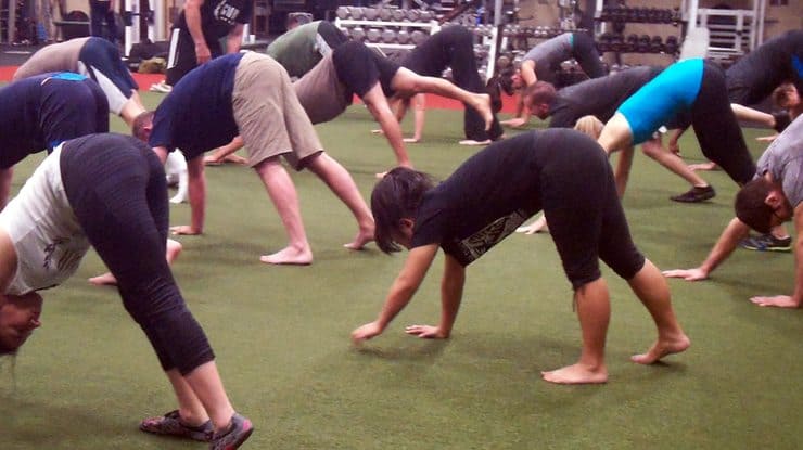 Seminar group performing bear crawl 