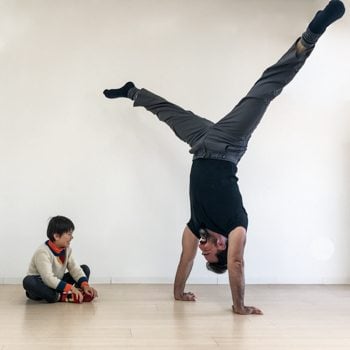 Ryan Hurst performing a handstand for his son