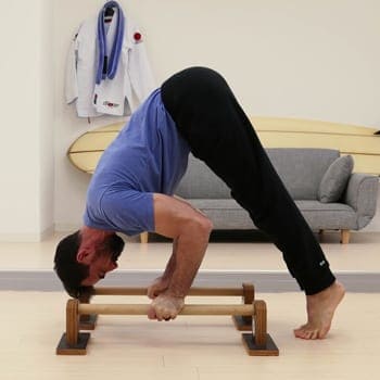 Ryan doing an inverted press exercise on parallettes