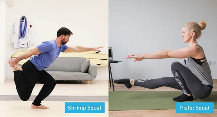 differences in knee going past the toes with the shrimp and pistol squat