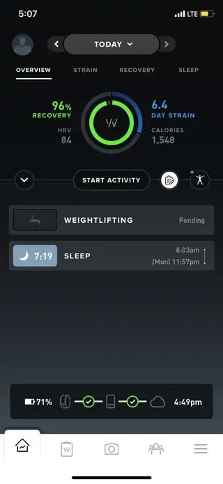 Whoop strap displays strain and HRV data.