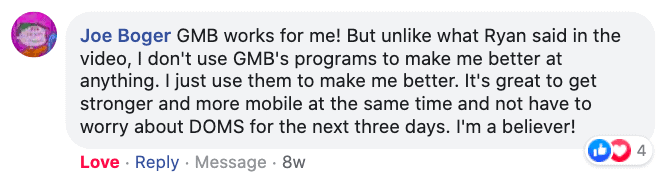 Screenshot of a testimonial from social media: "It's great to get stronger and more mobile at the same time."