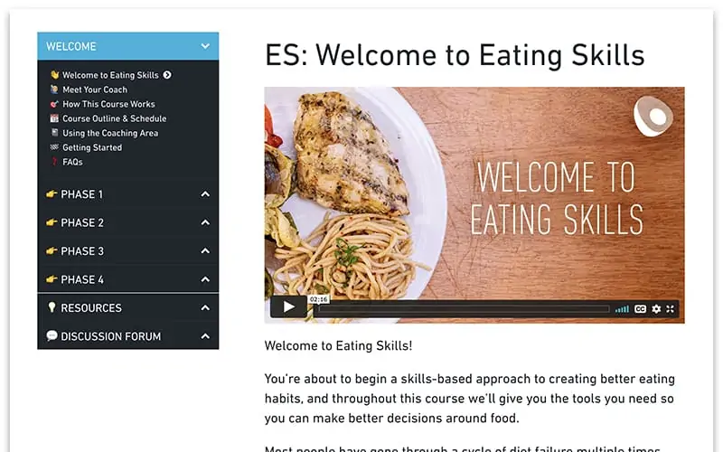 Screenshot of the welcome page of the Eating Skills course