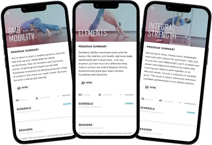 The 3 programs of the GMB Move Strong Bundle displayed on iPhones