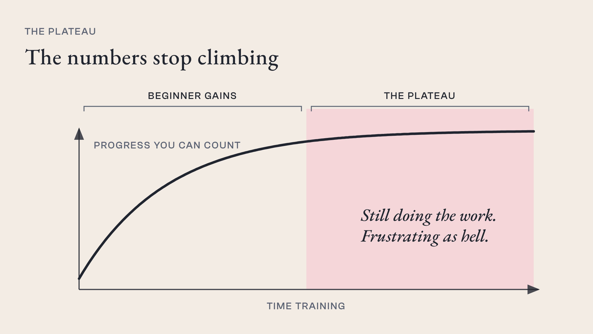 Your Subjective Experience of Training & Why Experienced Trainees Stop Improving 1 Concept chart: measured progress rises fast during beginner gains, then flattens into the plateau